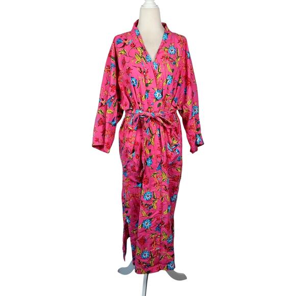 Printfresh Hummingbird Haven Pink Bird Print Cotton Kimono Robe S/M - Picture 1 of 8